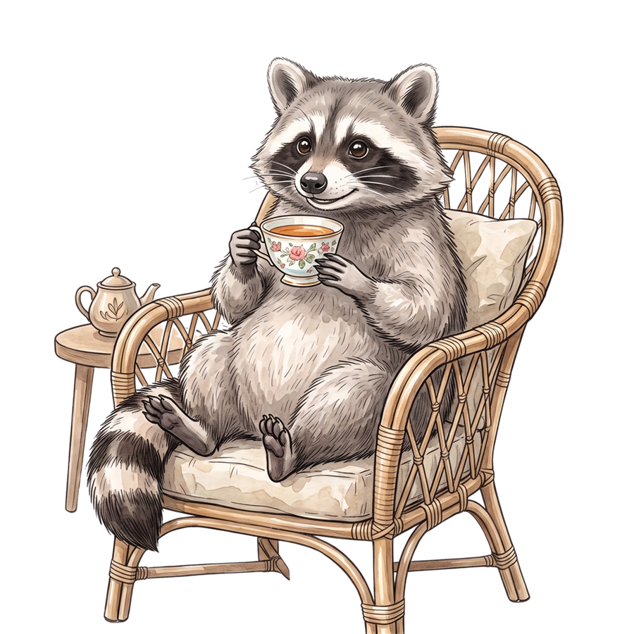 Der Waschbär bei einer Tasse Tee